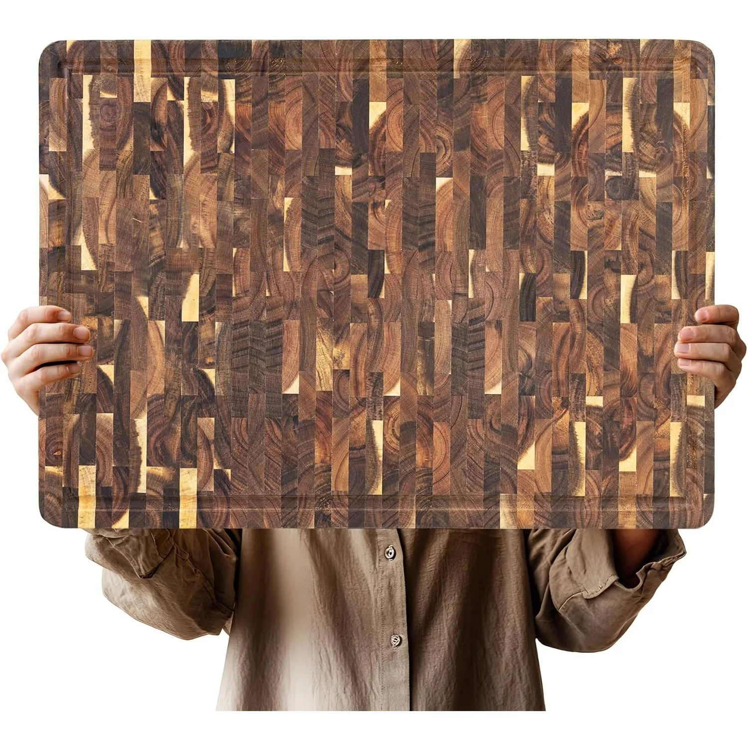 

Разделочная доска большой акации размером 22x16 дюймов, подходит для мяса и овощей, с ручкой и желобом для сока, толщина 1,38 дюйма.