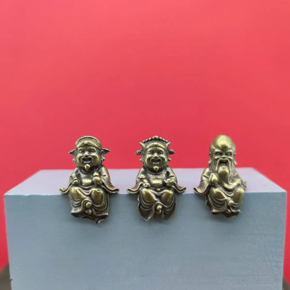 Brass Fu Lu Shou Three Star Figurine, Five Roads God of Wealth Buddha Statue, Desk Car Decor Ornament, Display Piece