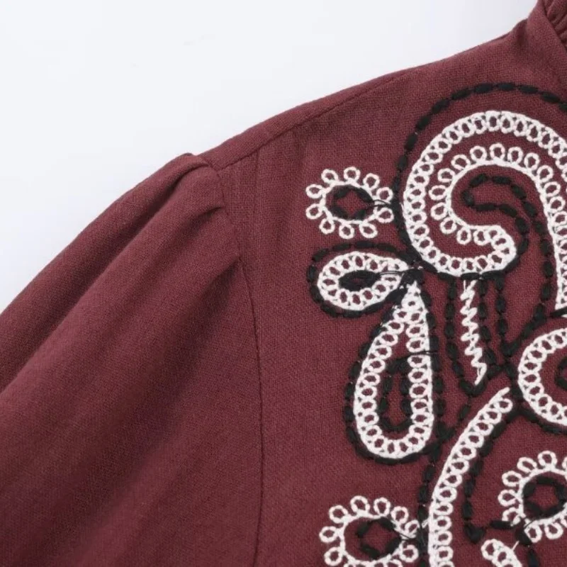 Embroidered Shirt French Fashion Autumn Spring Tops Women Loose O-neck Lady Office Shirt Streetwear Lantern Sleeve Top