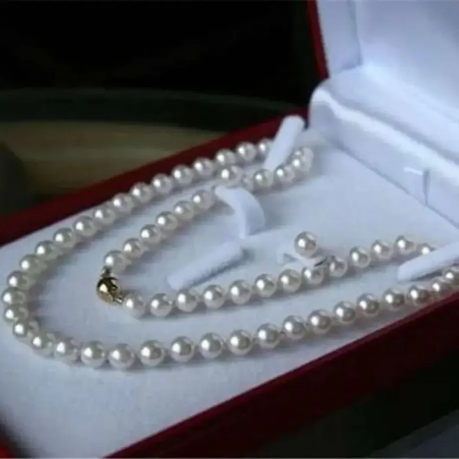 

Beautiful necklace AAA++9-10mm natural white Akoya pearl necklace 18 inch "+earring set 925s