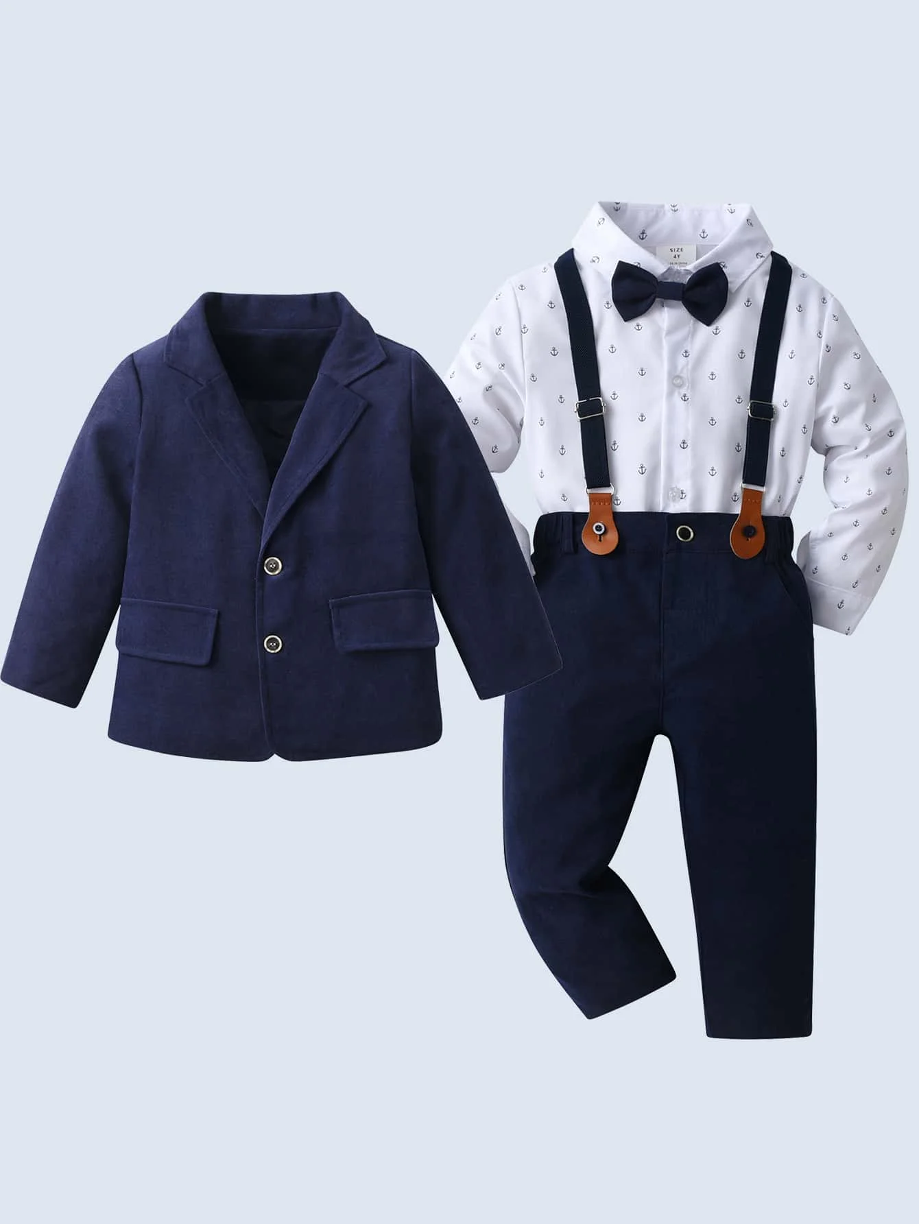 

3-Piece Baby Boy Formal Set: Navy Blazer, Anchor-Print Shirt with Bow Tie & Suspender Pants