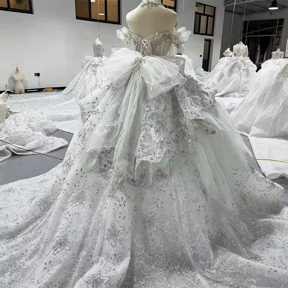 Vestidos Elegantes femeninos con hombros descubiertos, escote en forma de corazón, lazo con cuentas, vestido de novia de cristal, vestido de baile, vestido de novia largo de encaje