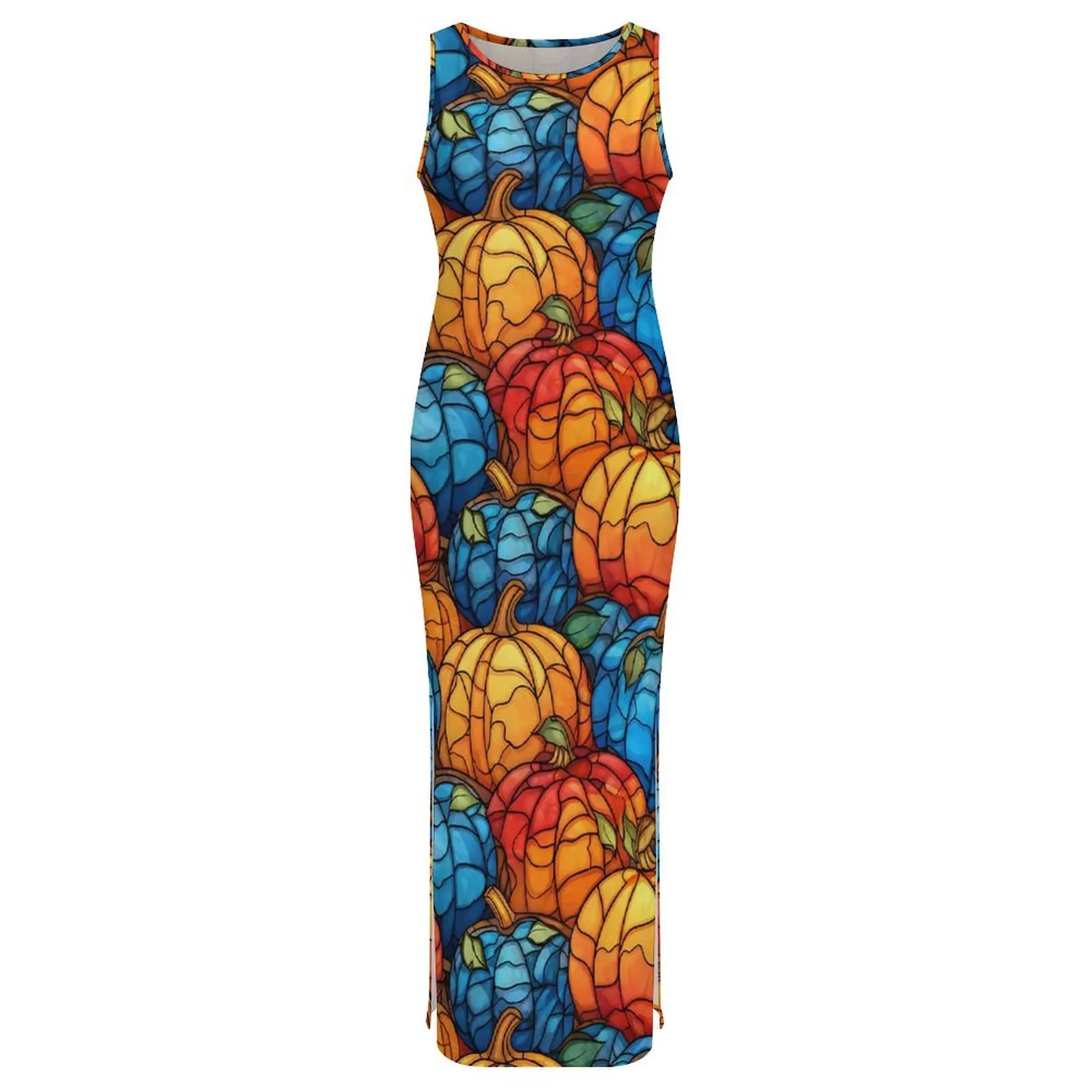 Abito con zucche in vetro colorato senza maniche blu e arancione Abiti lunghi alla moda Abito aderente casual Lady Graphic Vestido di grandi dimensioni