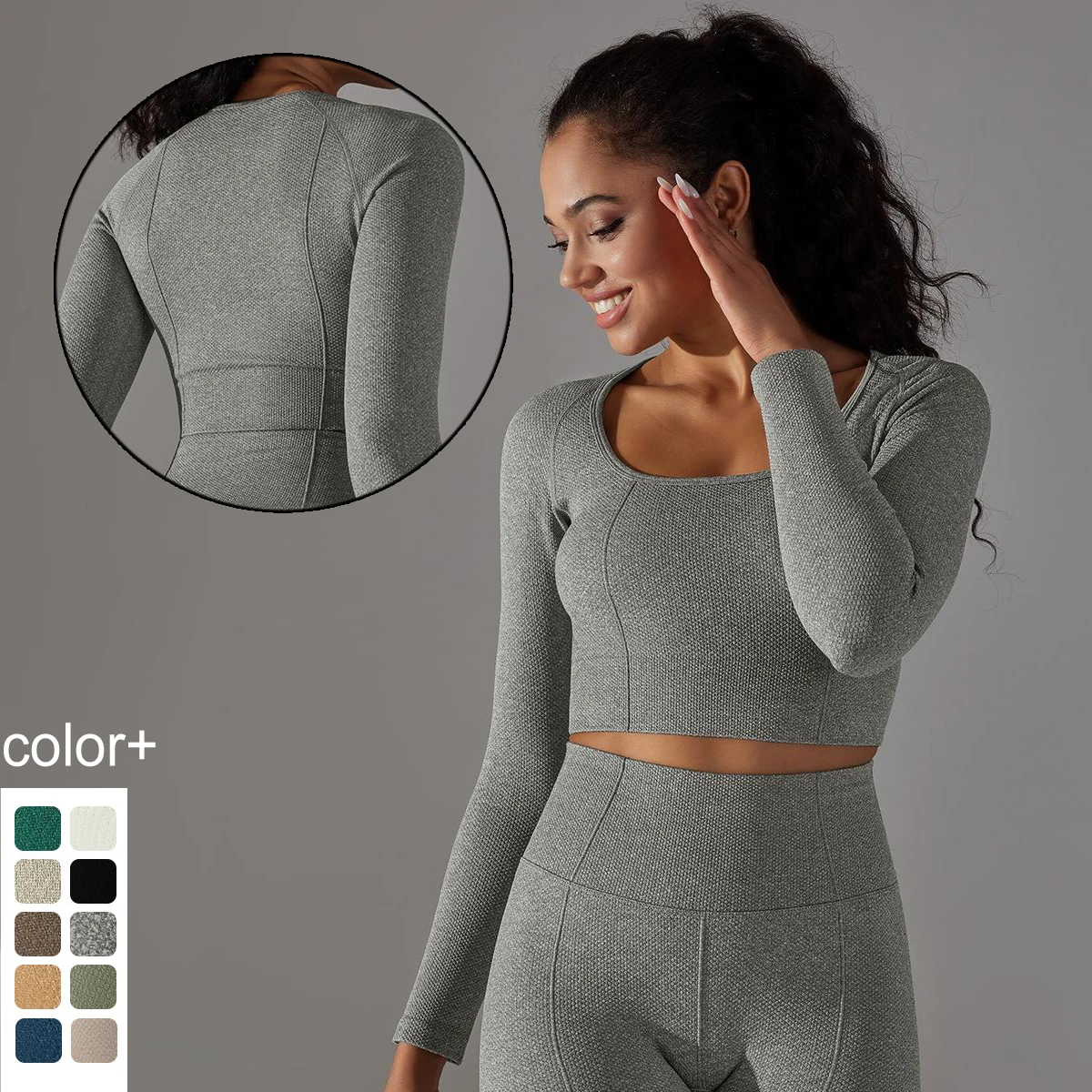 1PC Solid Color Slim Sports Running Yoga Long Sleeves Quick Drying Seamless Low Neckline Workout Top Gym Sports Fitness Yoga Top
