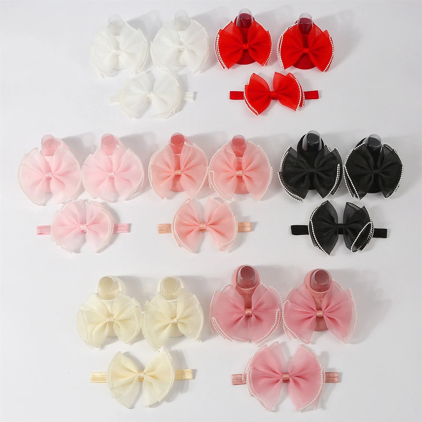 

Комплект носков с повязкой на голову Tregren для маленьких девочек, милые балетки с сетчатым бантом и повязки на голову, аксессуары для одежды для крещения новорожденных