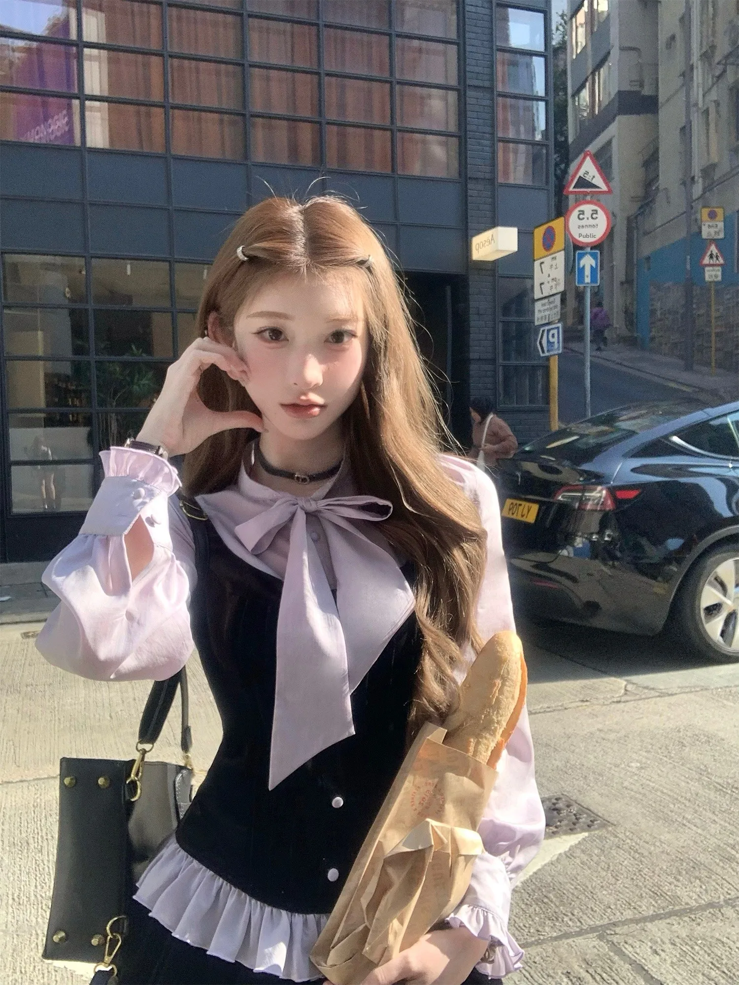 

the Tritis Purple Patchwork Velvet irt Women's Slim Fit Long Sve Sweet Sle Faionable Fake Two-Piece Blouse Jaet