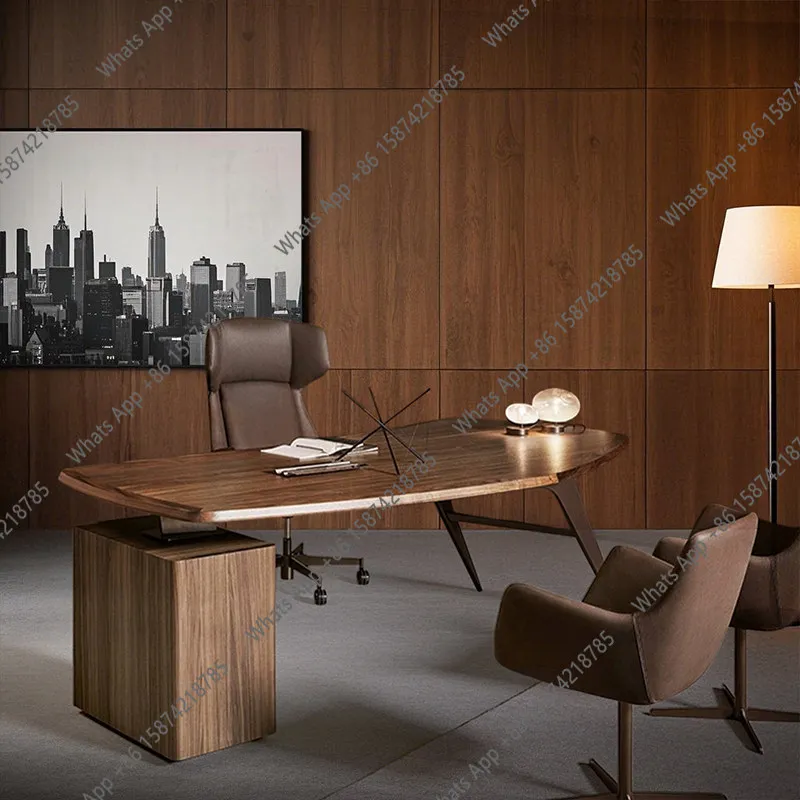 

Italian light luxury solid wood desk luxury boss table study writing desk minimalist walnut color desk