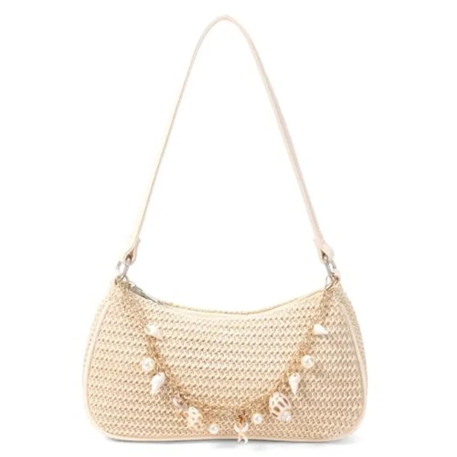 

RNIEGA Seashell Beaded Straw Bag Boho Woven Shoulder Purse Summer Women's Clutch Handbags for Beach and Vacations