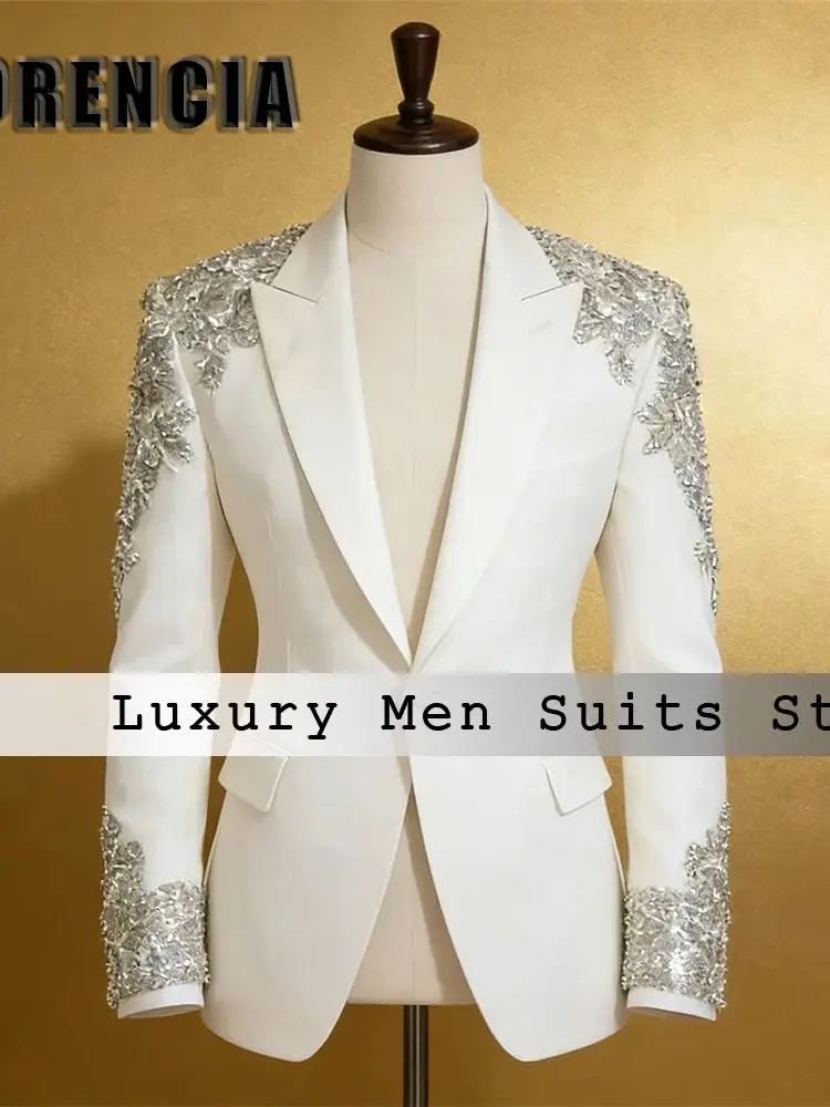 Eenvoudige Applique Mannen Pakken 2-delige Fonkelende Smoking Set Avondfeest Outfits Aangepaste Blazer Broek Jaqueta Masculina Couro - afbeelding 2