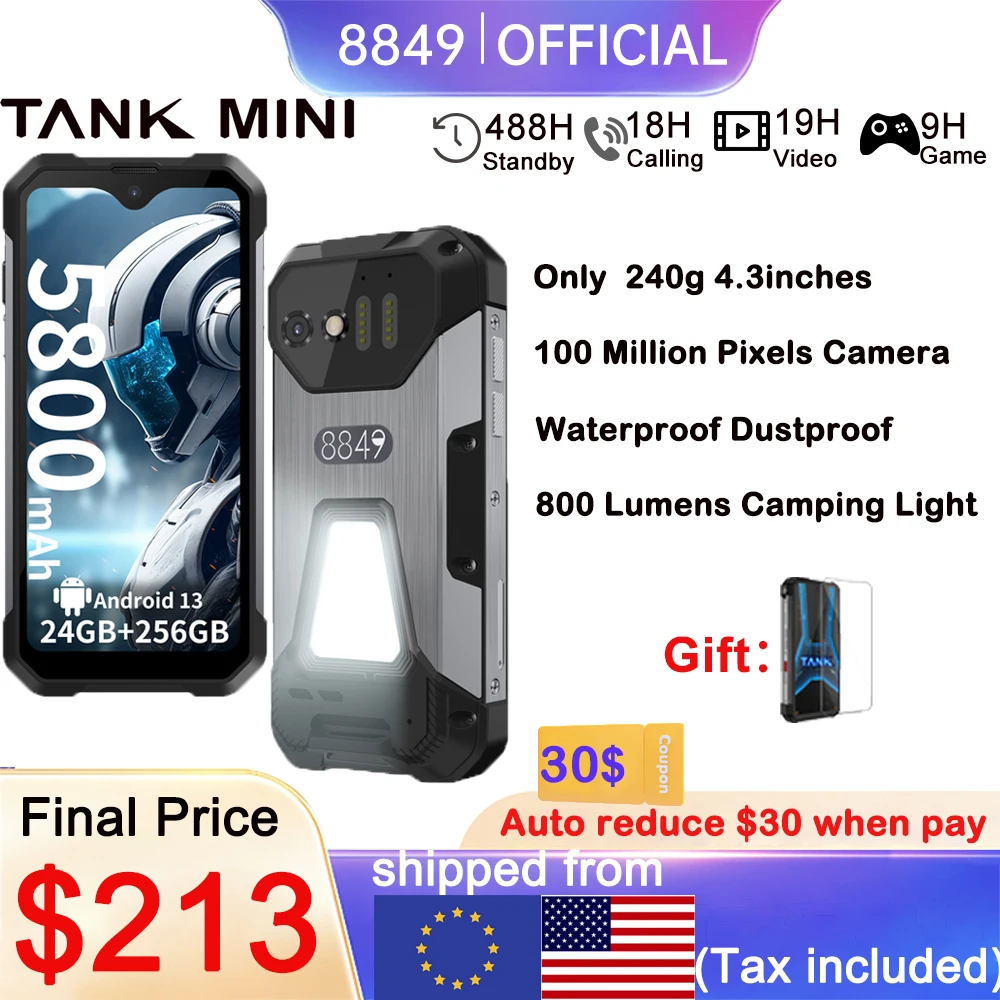 

8849 Tank Mini Rugged Smartphone 16/24GB 256GB 5800mAh100Mp Camera Android 13 Cellphone 4.3 inch Waterproof Mobile Phone