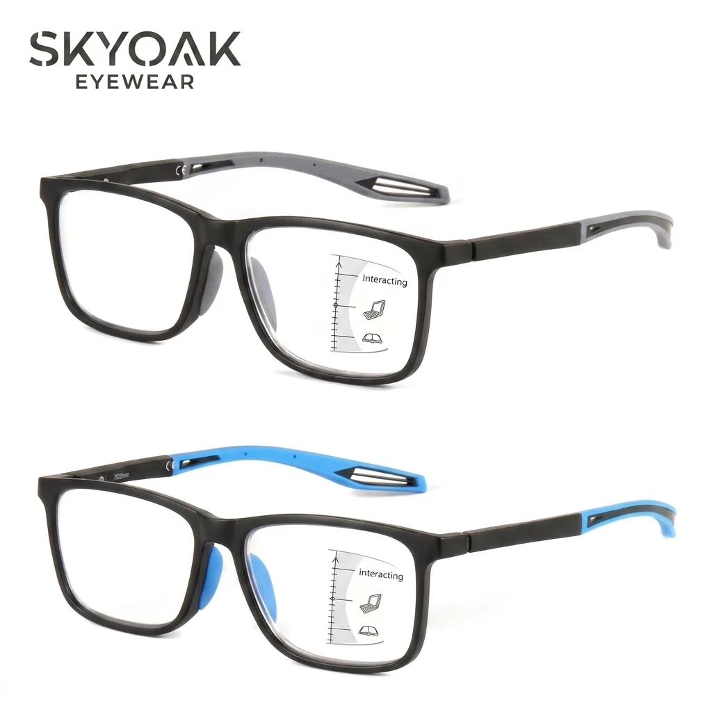 SKYOAK 2 Pack Bend-Proof Progressive Reading Glasses for Men, TR90 Sporty Frame, Spring Hinge, Blue Light UV Multifocal Readers