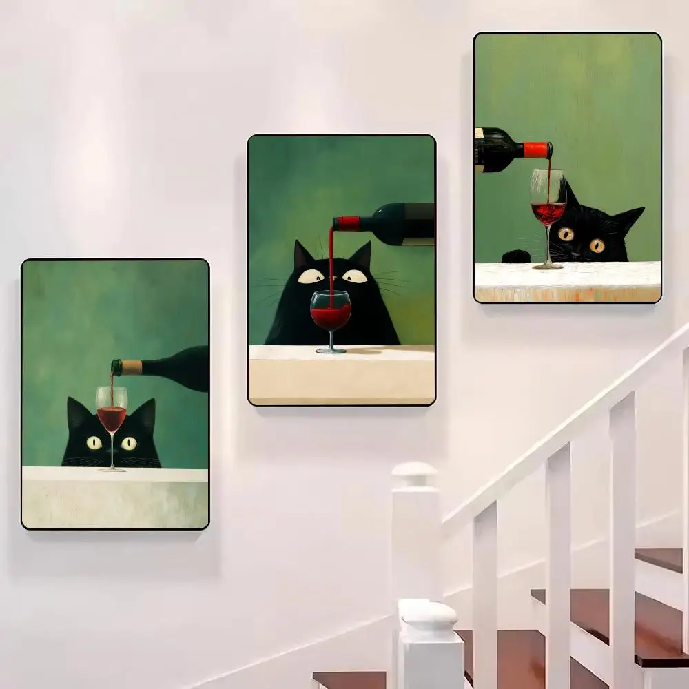 

Cat and Drinl red Wine color Poster Sticky Wall Waterproof Home Living Room Bedroom Bar Aesthetic Decoration Perfect Gift