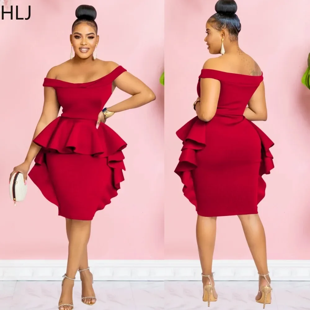 

HLJ Sexy Off Shoulder Bodycon Ruffle Design Dress Women Solid Color Sleeveless Party Club Dress Female Ruched Knee Vestidos 2023