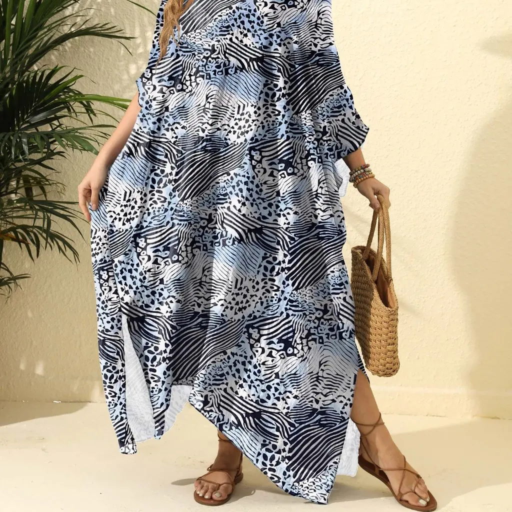 

Women's Large Size Dress European And American Style Leopard Print Loose Blouse Beach Vacation Split Long Women's Clothing