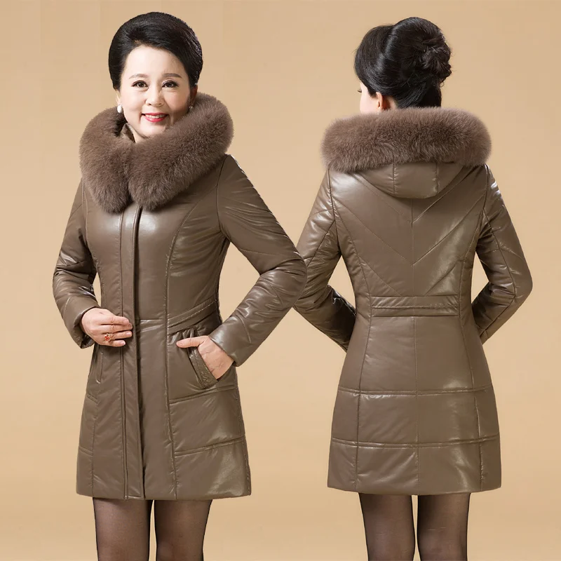 Tamanho de meia-idade S-3xl idosos mais jaquetas de couro genuíno feminino real pele de raposa casacos à prova dwaterproof água 2023 elegante grosso quente parkas