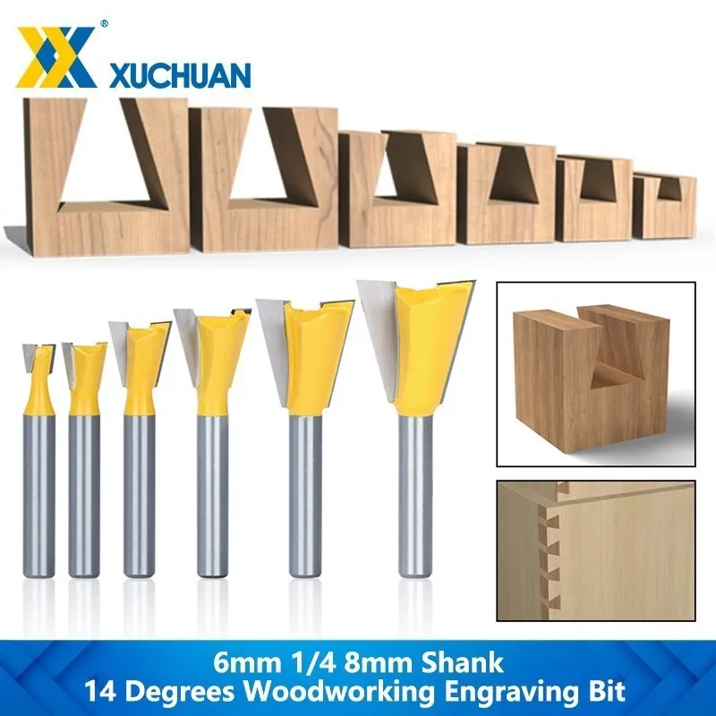 Dovetail Joint Router Bit 6mm 1/4'' 8mm Shank 14 Degrees Woodworking Engraving Bit Milling Cutter for Wood Tungsten Cutter