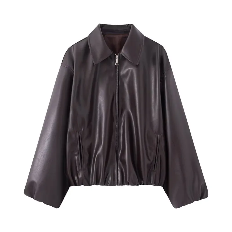 HipSeam Women Faux Leather Pilot acket 2026 Autumn Lapel Collar Elastic Hem Long Sleeve Cropped Coat Chic Female Outerwear