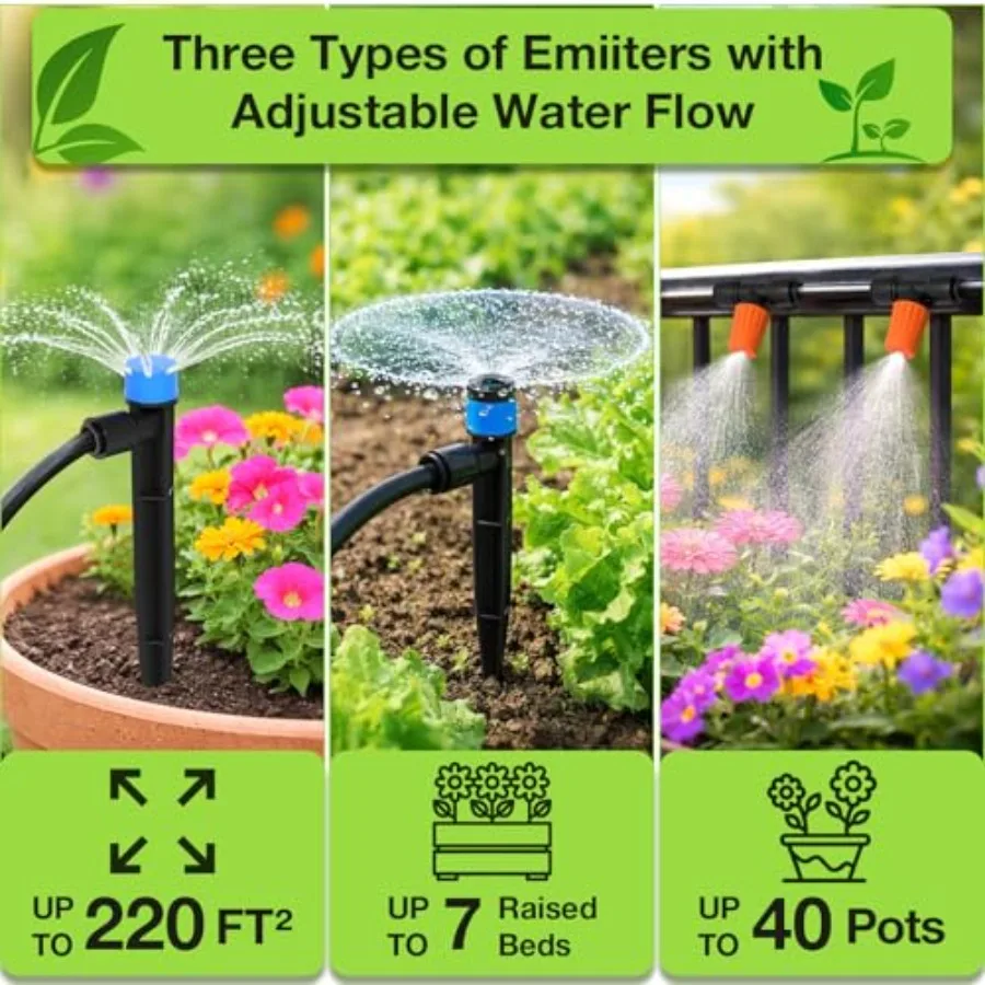 Drip irrigation system kit for garden and greenhouse use, made of UV-resistant polyethylene tubing in black color, featuring qu