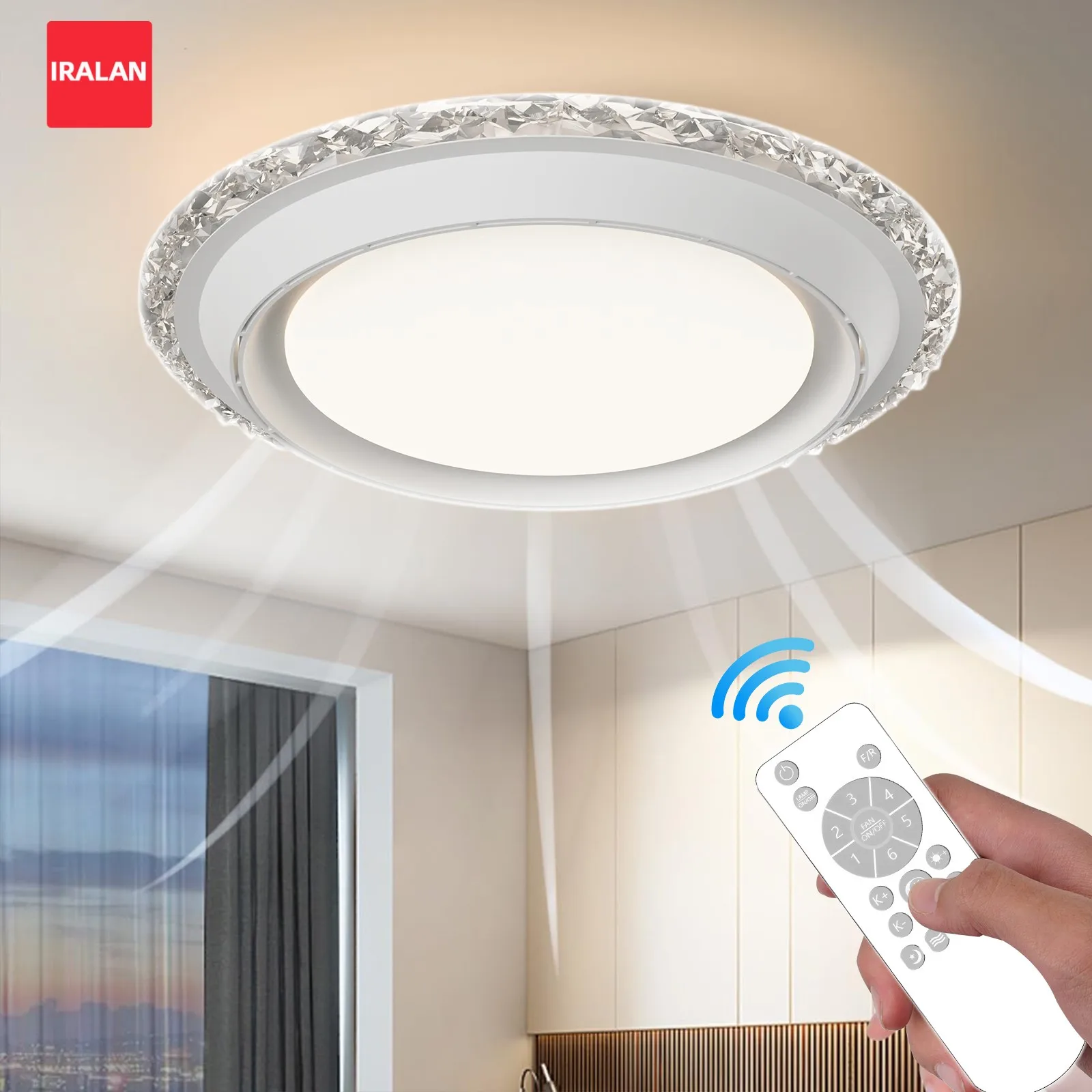 No Blades Ceiling Fan with Light Crystal Fan Reversible Quiet DC 95W Ceiling Fans Dimmable for Bedroom Restaurant Flush Mount