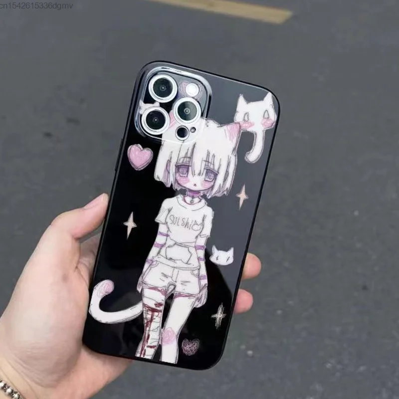 Dark Cat Sick Girl Silicone Phone Case For Iphone 13 12 Mini 7 8 14 Plus Case Goth Punk Japanese Y2k Iphone 11 Pro Xs Max Cover