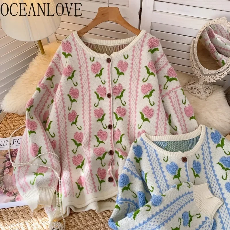 OCEANLOVE Sweet Flowers Women Sweaters Thick Warm Embroidered Korean Fashion Retro Cardigans Loose Elegant Sueter De Mujer