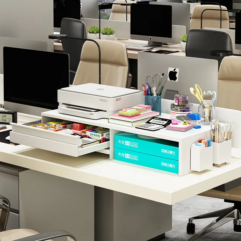 

Office Printer Stand Desktop File Organizer for Paper/Supplies Multi-Tier Document Shelf with Drawers Modern Workspace Organizer