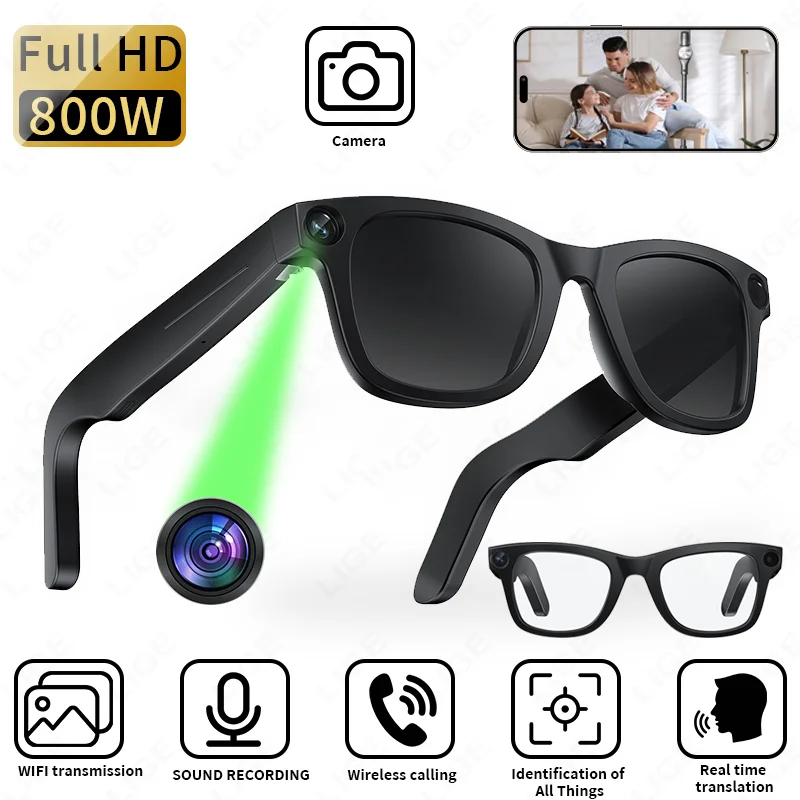 LIGE 8MP Smart Glasses HD AI Camera Bluetooth Call Sunglasses 300mAh Battery Voice Assistant Translate Identify Object 2025 Gift