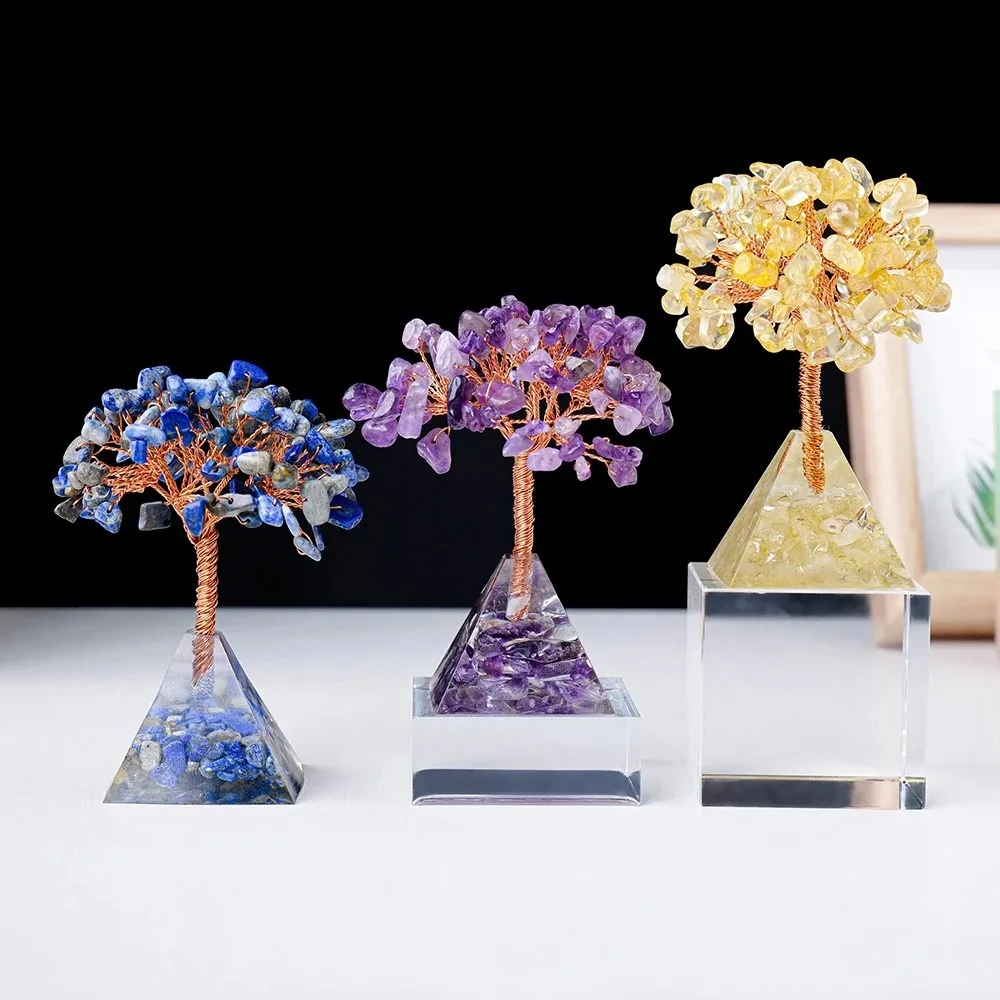 Natural Crushed Stone Crystal Tree Decoration, Resin Pyramid Base Feng Shui Fortune Tree for Home Office Desk, Holiday