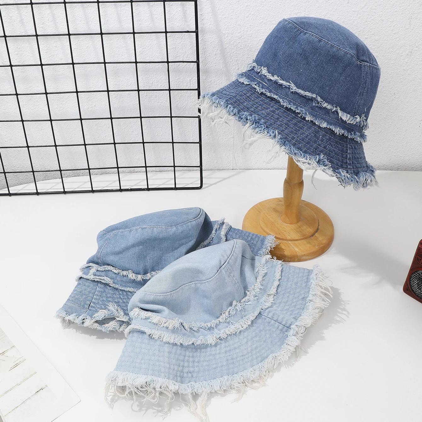 Neuer modischer Fischerhut im japanischen Stil aus gewaschenem Retro-Denim mit doppellagigem Fransen-Flachdach für lässige Ausflüge