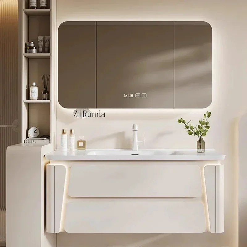 Armário de banheiro estilo creme nórdico, simples, cerâmica, integrado, espelho de banheiro, móveis da moda, baño fisbc
