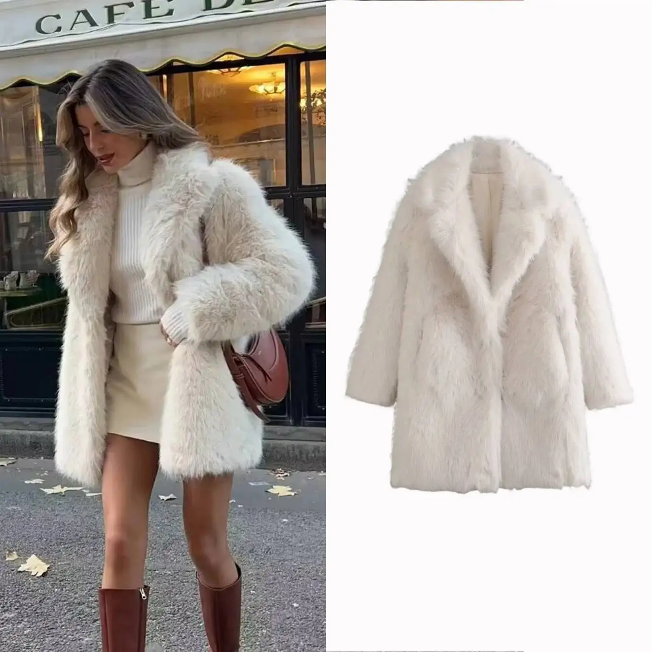 

2025 Autumn Winter Women Fashion Faux Fur Midlong Coat Elegant Turn Down Collar Long Sleeve Jacket Warm Thicken Beige Outwear