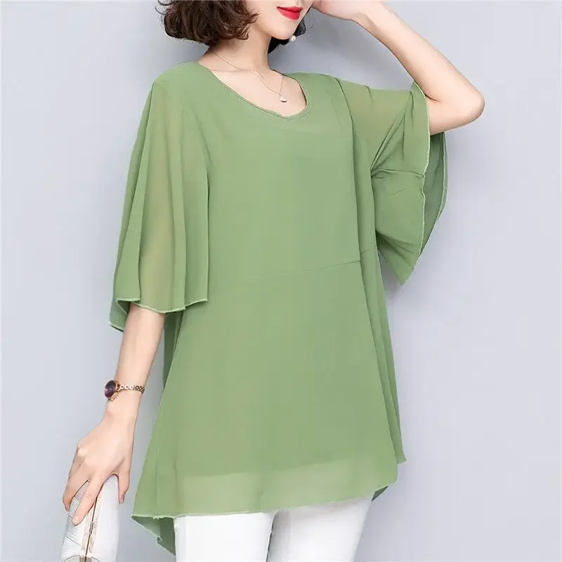 Summer New Chiffon Loose Shirt Tops Round Neck Short Sleeve Solid Color Loose Irregular Blouse Casual Fashion Women Clothing