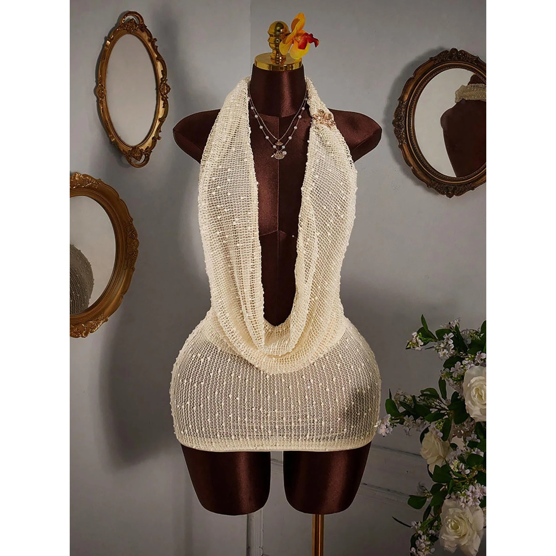 2026 New Hanging Neck Hollow out Knitted Backless Dress Women's Fashion Sexy Short Skirt Cross-Border Popular Female Ethnic Wear