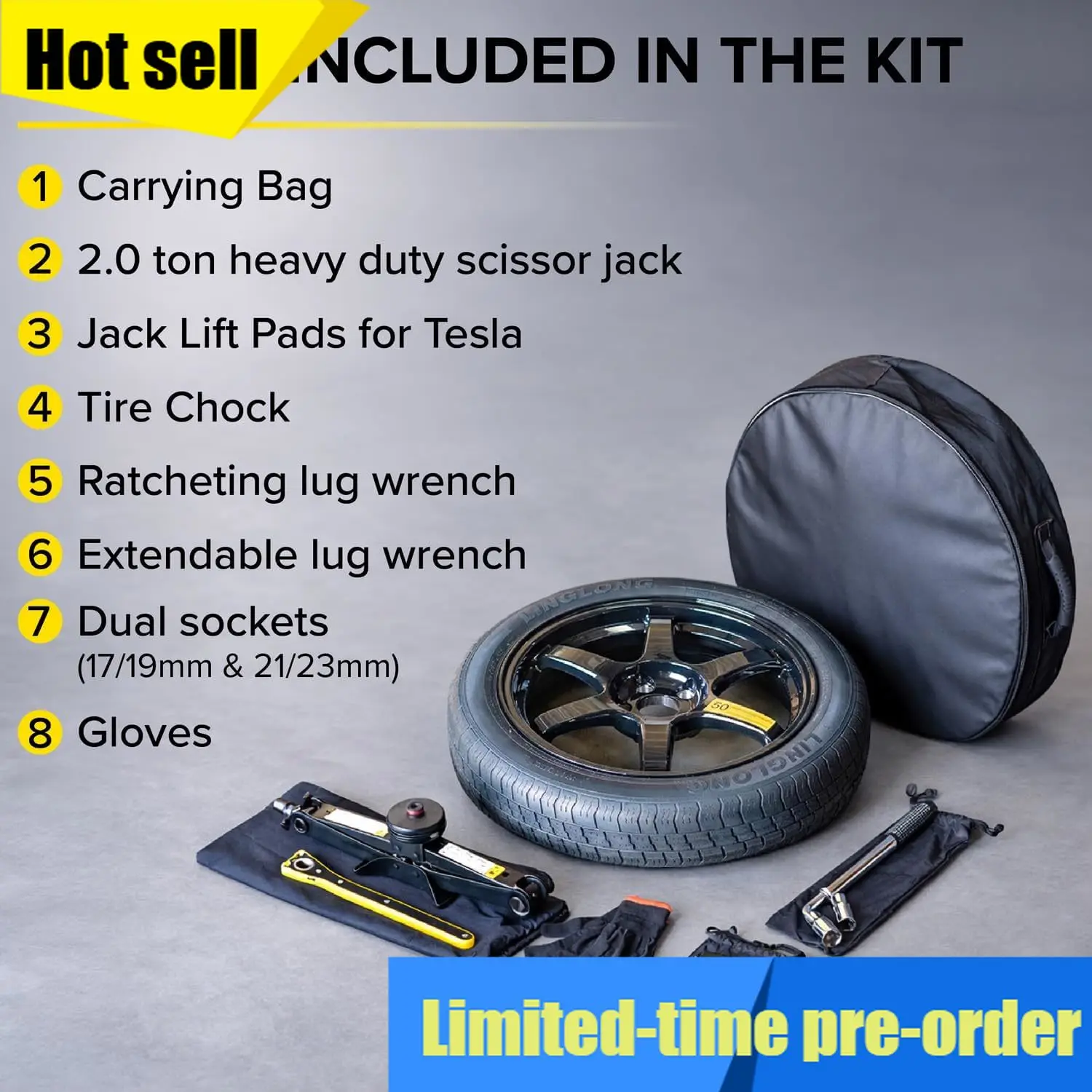 

Комплект запасного колеса в сборе для Tesla Model Y 2020-2026, диск 18x4, включает 2-тонный ножничный домкрат, инструменты