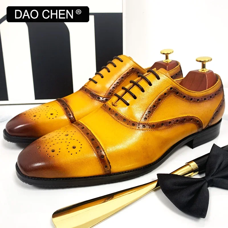 LUXURY BRAND MEN\'S OXFORD SHOES BLACK YELLOW LACE UP BROGUE CAP TOE CASUAL MENS DRESS SHOES OFFICE WEDDING LEATHER SHOES