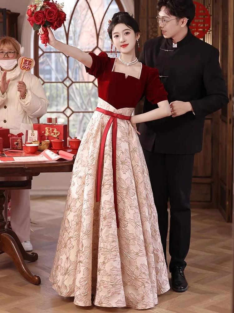 

Красное винное платье для свадьбы и помолвки с завышенной талией, А-силуэт, с коротким рукавом, на молнии