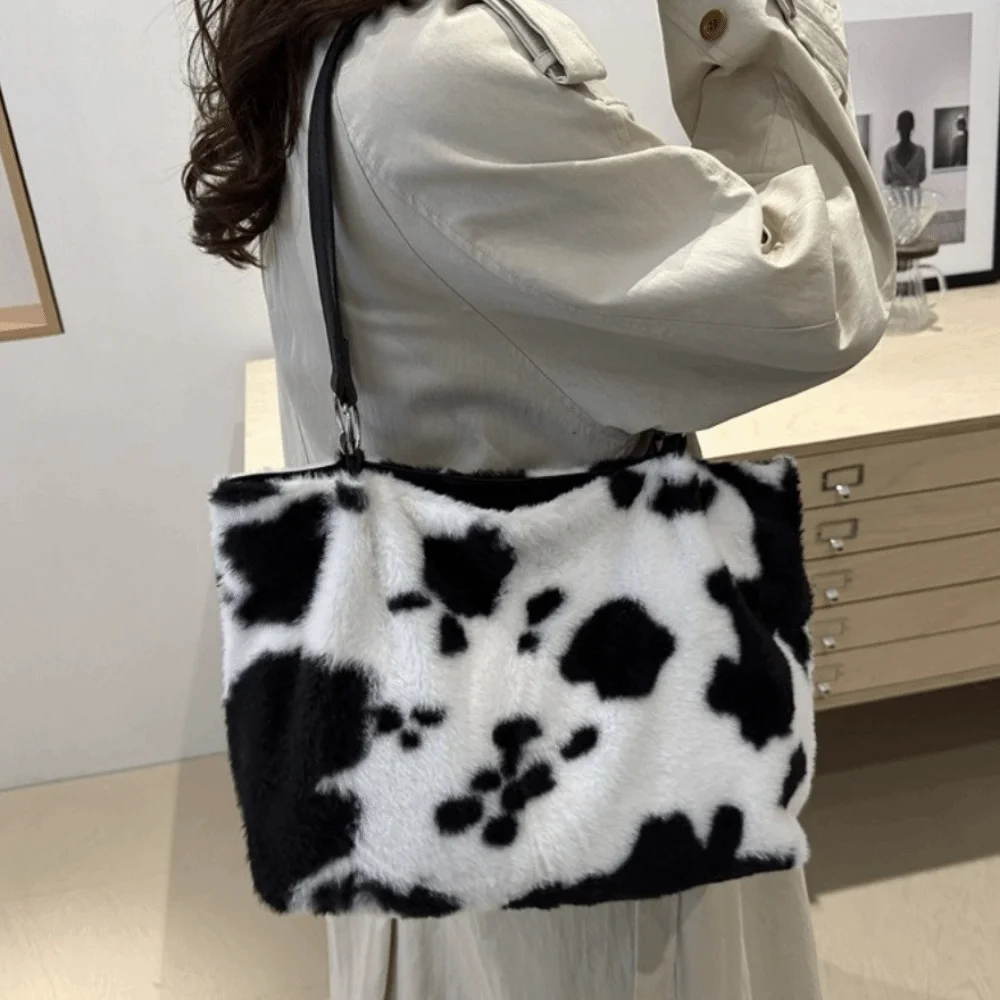 Gift Large Capacity Tote Bag Durable Fluffy Cow Print Shoulder Bag Soft Versatile Underarm Bag Women