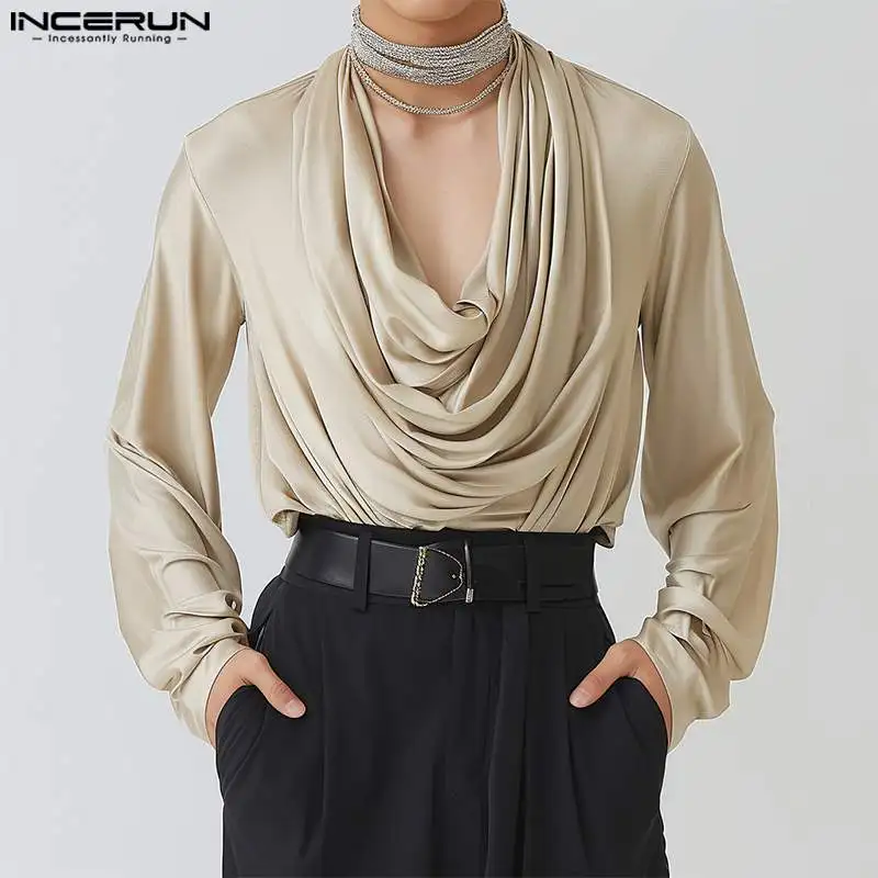 INCERUN Tops 2024 American Style Fashion Men\'s Pile Neck Reflective Fabric Shirt Casual Clubwear Solid Long Sleeved Blouse S-5XL