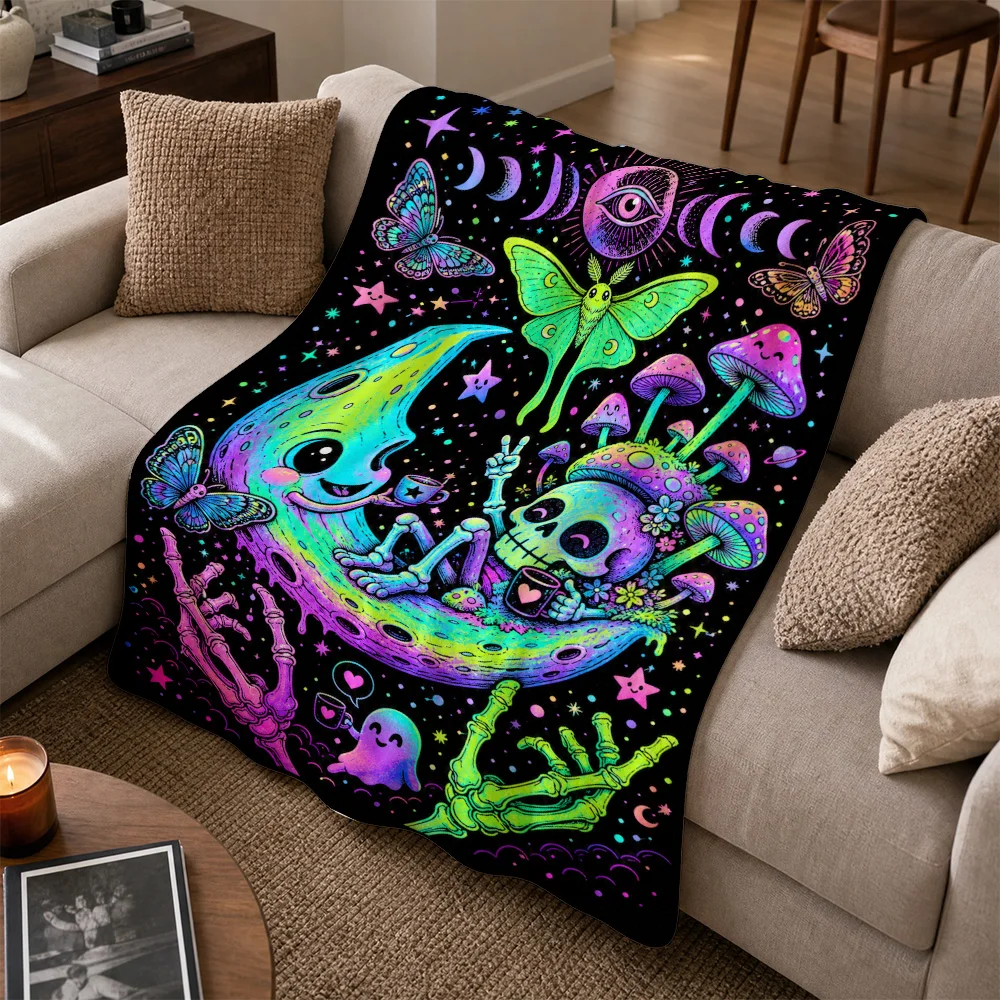 Bohemian Psychedelic Skull Mushroom Throw Blanket Witchy Cosmic Fall Halloween Cozy Living Room Decor Gift