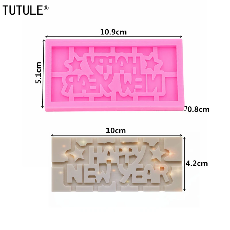 Shiny Happy New Year Chocolate Silicone Mold Epoxy Resin Charms DIY Craft Tool Polymer Clay Mold Cake Chocolate Silicone Mold