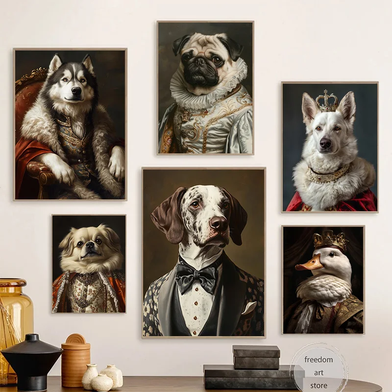 Funny Aristocratic Renaissance Animal Quirky Humour Dog Pug Art Poster Canvas Painting Wall Prints Picture for Room Home Decor