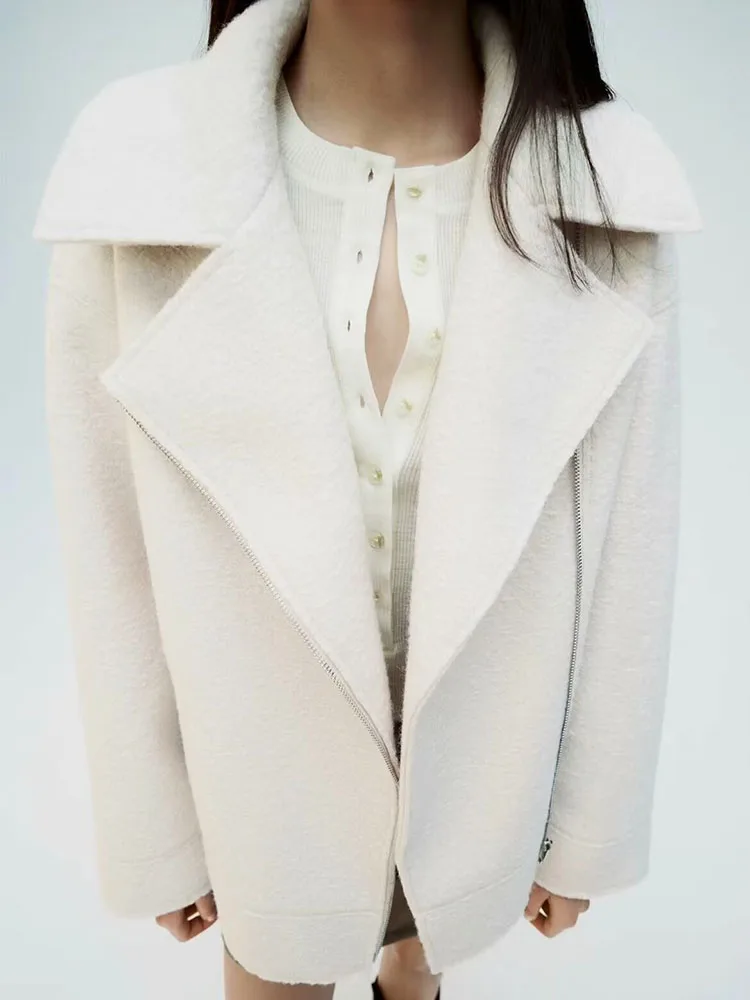

Women's 2024 new European and American style solid color lapel long-sleeved bouclé motorcycle style zipper jacket