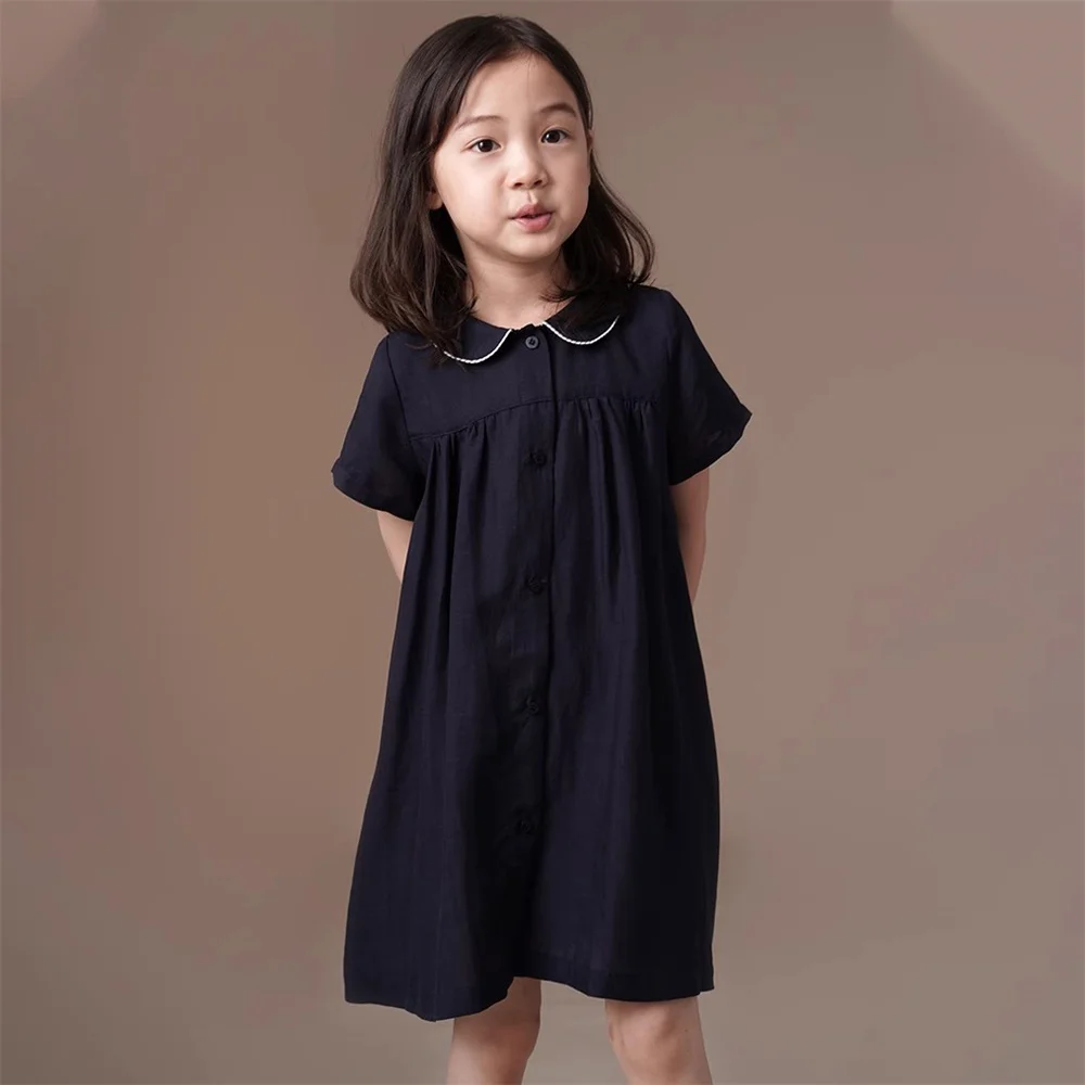 Teens Girls Summer Short Sleeve A Line Dress Elegant Black Princess Vintage Dress for Girls Turn Down Collar Button Shirt Dress