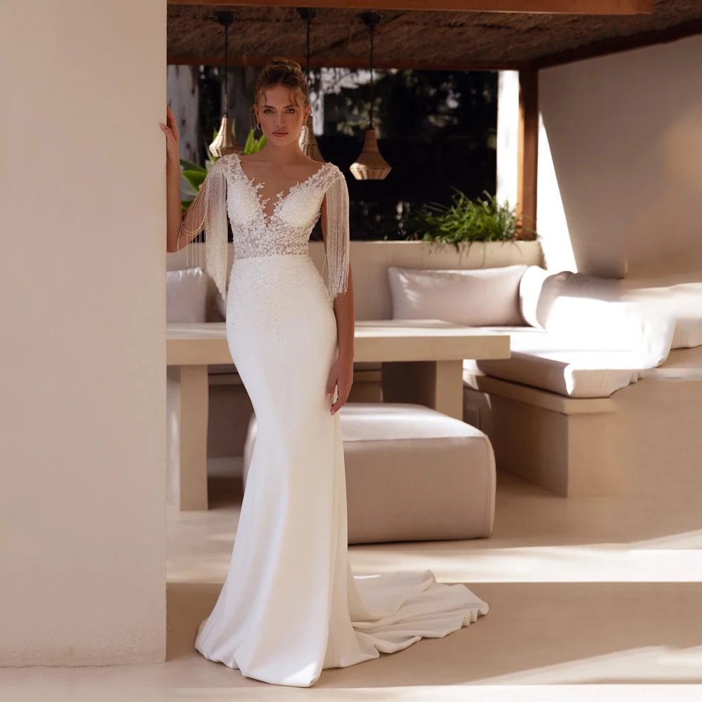 Satin Brautkleider Applique Meerjungfrau U-ausschnitt Pailletten Backless Quaste Braut Kleider Elegante Vestidos De Novia Angepasst