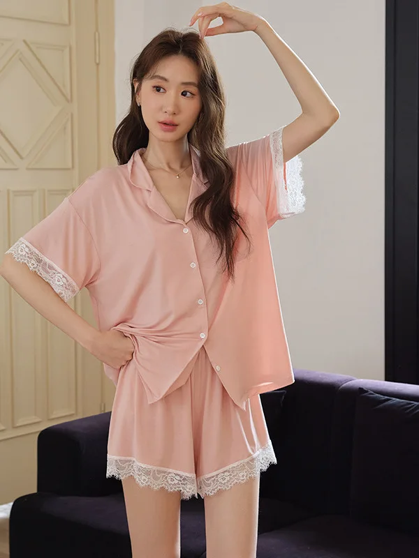 modal-lace-trim-sleepwear-set-women-summer-breathable-comfortable-home-clothes-outwear-short-sleeve-sweet-style