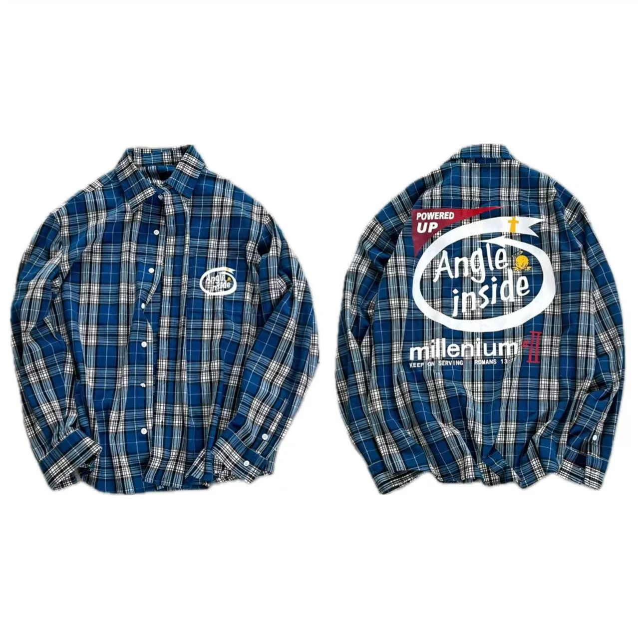 Little Angel Embroidery Blue Plaid Shirts Men Women Best Quality Handmade destruction of tassels at the hem Oversize Shirt