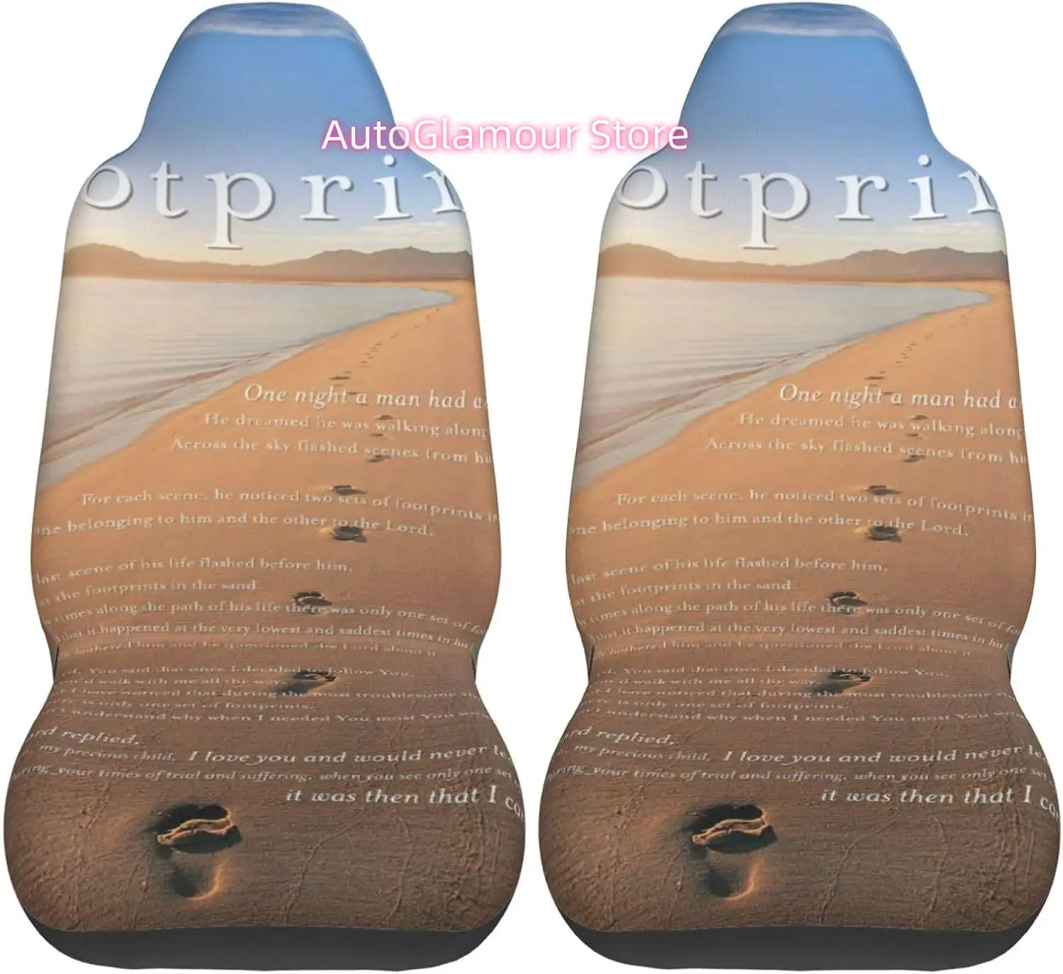 Footprints in The Sand Poem 2-Piece   Seat Cover Complete Set - Elastic Seat Protection Cover for Cars, Trucks, Suv
