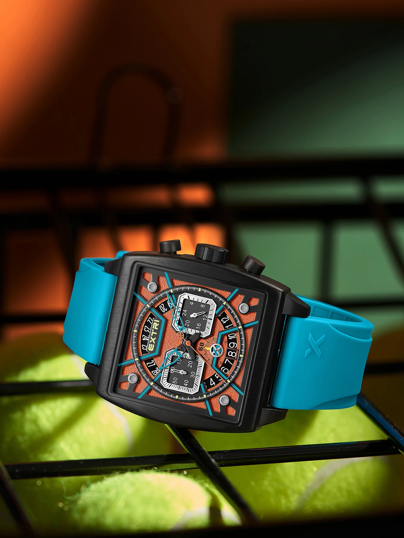 Extri Men Design Prostokątna obudowa Silikonowy pasek Wodoodporne sportowe zegarki kwarcowe Chronograf Funkcjonalny zegarek z kolorowym pudełkiem