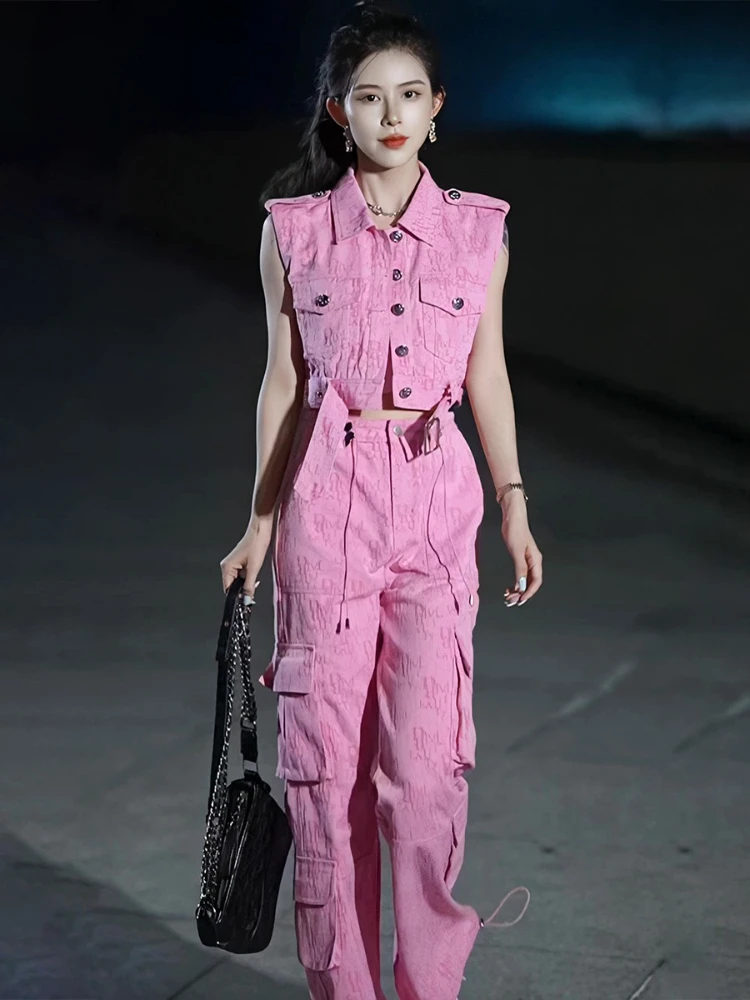 

Fashion Street Retro Pink Cowboy Set Women's Summer Hong Kong Style Lapel and Slim Fit Design Top Loose Wide Leg Pants Set