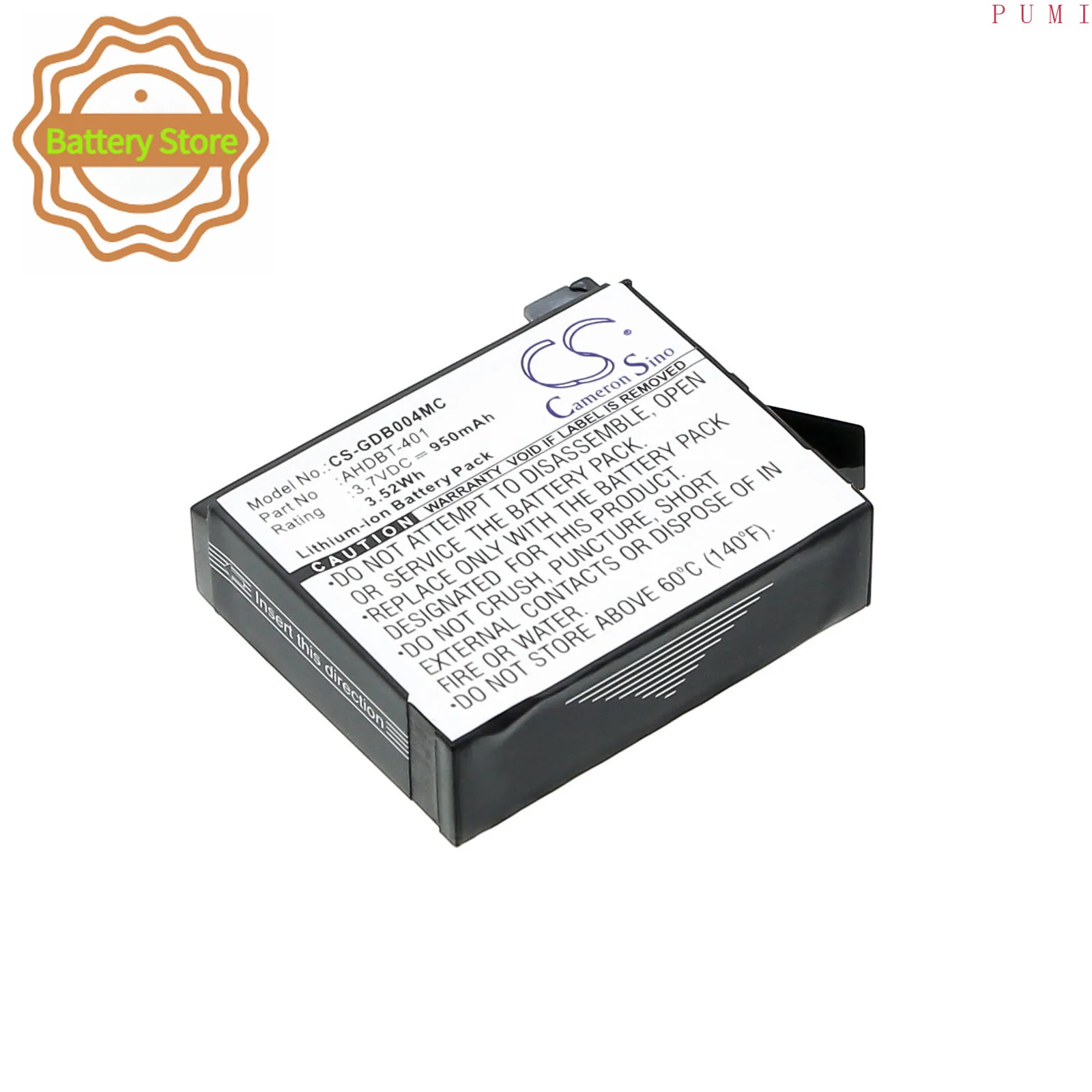 CS Replacement Battery for GoPro Hero 4,Hero 4 Silver,Hero 4 Black,Hero 4+ PN:AHDBT-401,335-06532-000 950mAh / 3.52Wh